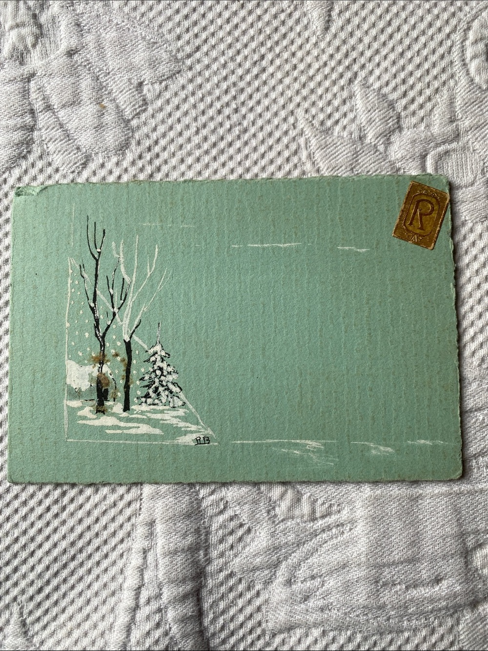 Vintage Mint Green Winter Scene Greeting Card with Gold Accent